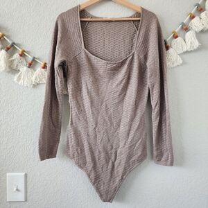 Abercrombie & Fitch Pointelle Squareneck Knit Long Sleeve Thong Bodysuit Taupe L